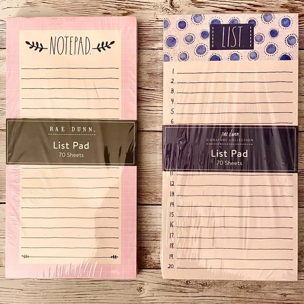 NWT Rae Dunn 2 Pc NOTEPAD / LIST Notepad Set Ivory PInk Blue Printed 140 Sheets